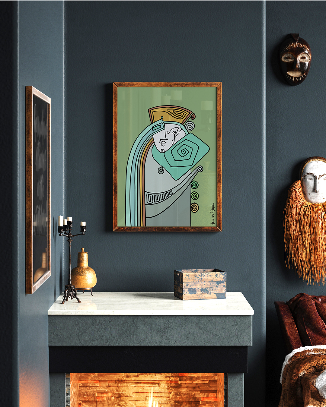 Mock up poster close up in dark home interior with fireplace, 3d